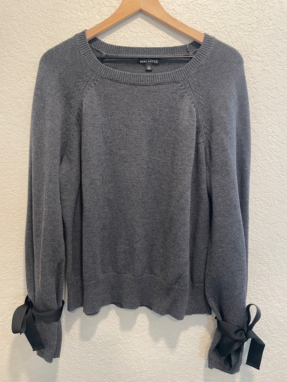 J.Crew Mercantile Gray Sweater Size L Merino Wool Blend Bow Sleeve Cozy Knit
